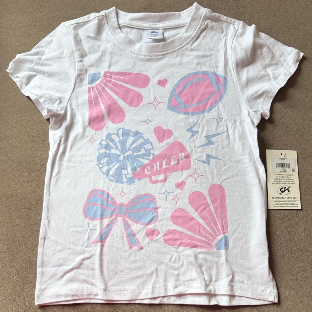 GK Kids Cheer Graphic Tee - White, Pink, and Blue